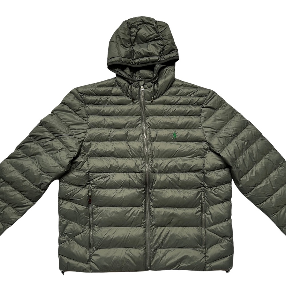 POLO RALPH LAUREN Packable Lightweight Quilted Hooded Puffer Jacket Grey Green